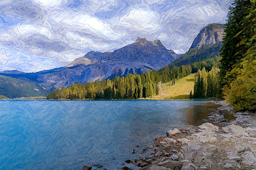 Expressionism, Art, Painting, Mountains, Forest, Trees, Landscape, Nature, Lake, Oil Painting