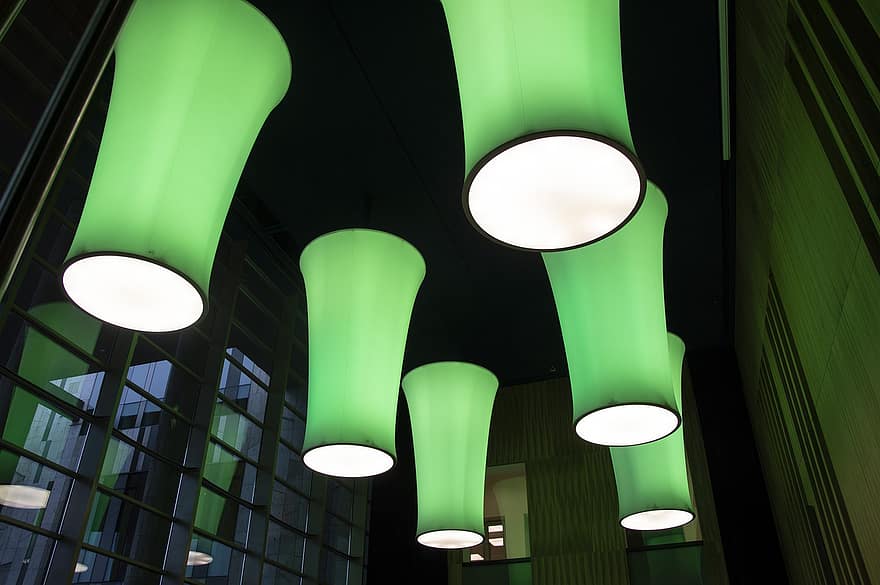 lampa, światło, Zielony, sala, budynek, sufit, sprzęt oświetleniowy, wewnątrz, noc, oświetlony, lampa elektryczna