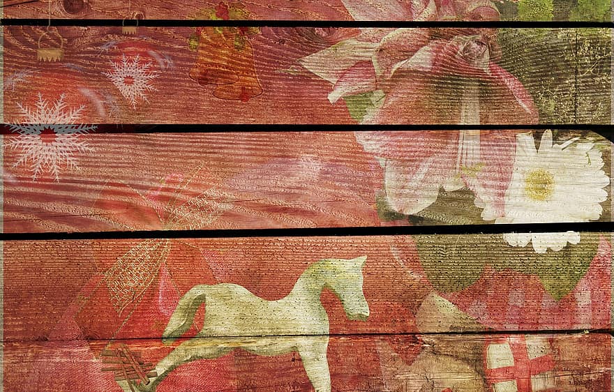 Christmas, Fence, Grunge, Red, Background, Wood, Wooden Wall, Wall Boards, Poinsettia, Santa Claus