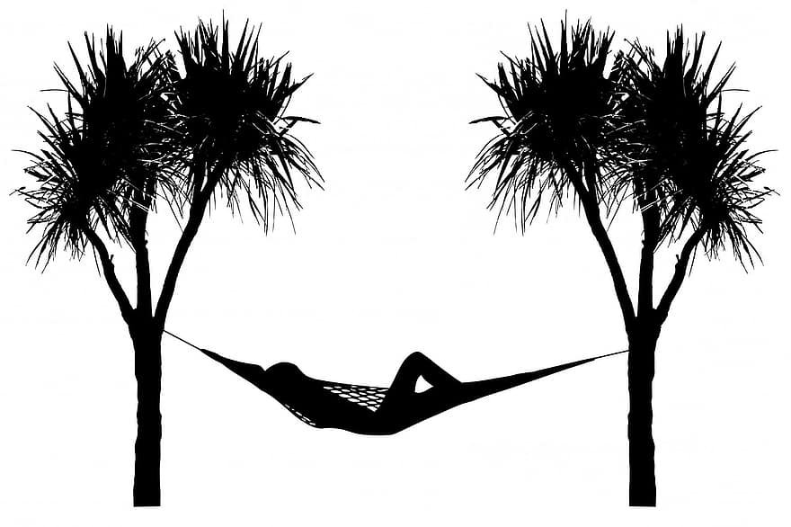 hamac, copac, copaci, palmier, palmieri, negru, siluetă, femeie, Femeie, persoană, relaxant