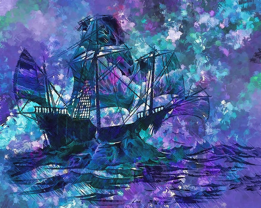 abstrato, navio, Water Scape, oceano, decoração, arte digital, pintura digital, arte, obra de arte, surreal, mar