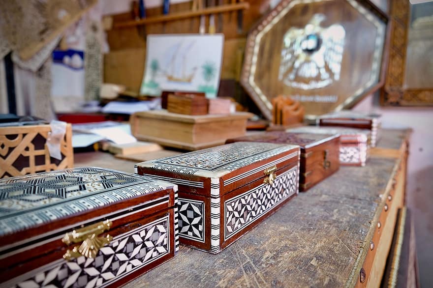 låda, trä, hantverk, basar, affär, souvenir, marknadsföra, Abu Dhabi, kultur, islam, arabiska