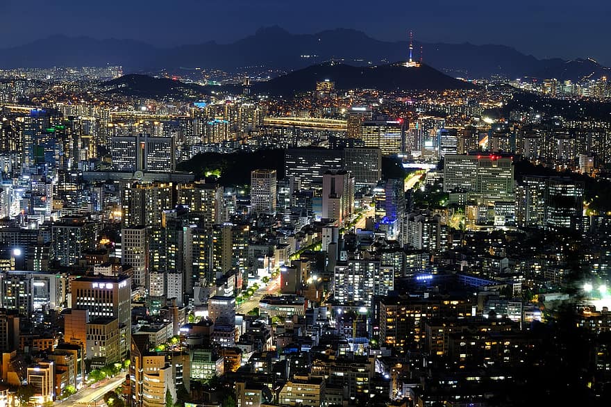 Vue nocturne, ville, architecture, bâtiment, lumière, foncé, Namsan, tour namsan, gangnam, nuit, paysage urbain