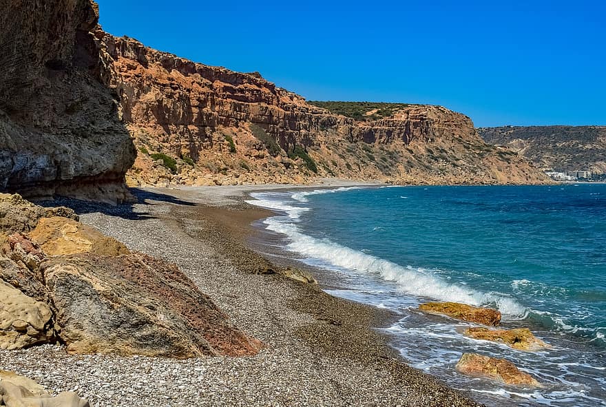 ビーチ、小石のビーチ、崖、海、海岸、岩、自然、メランダ、キプロス、波、海の波