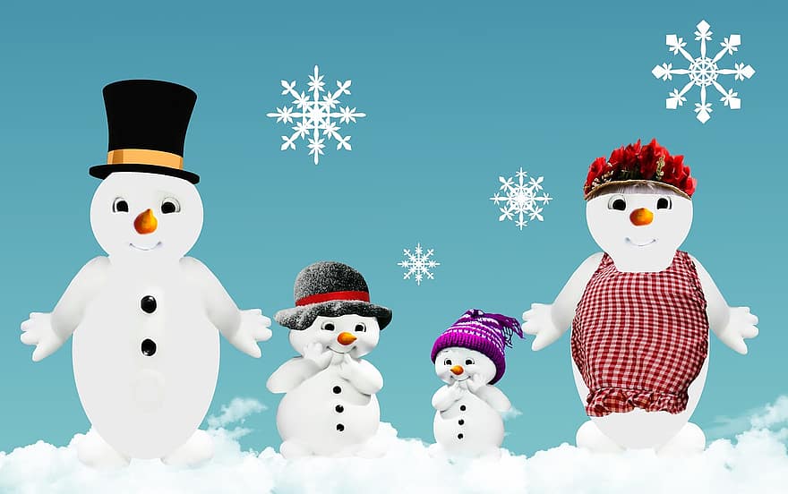 kış, kardan adam, aile, tebrik kartı, buz gibi, Noel, kar, soğuk, kar tanesi, silindir, şapka