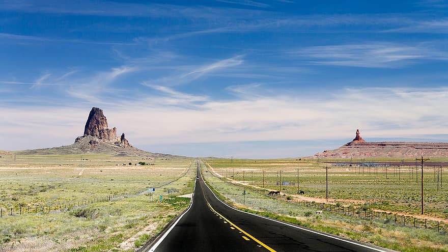 route, champ, Monument Valley, campagne, Prairie, chaussée, formation rocheuse, pic agathla, parc national, paysage, la nature