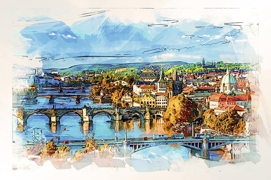 мости, Прага, Чехія, води, місто, міський пейзаж, архітектура, річка, панорама, міський, цифрові маніпуляції