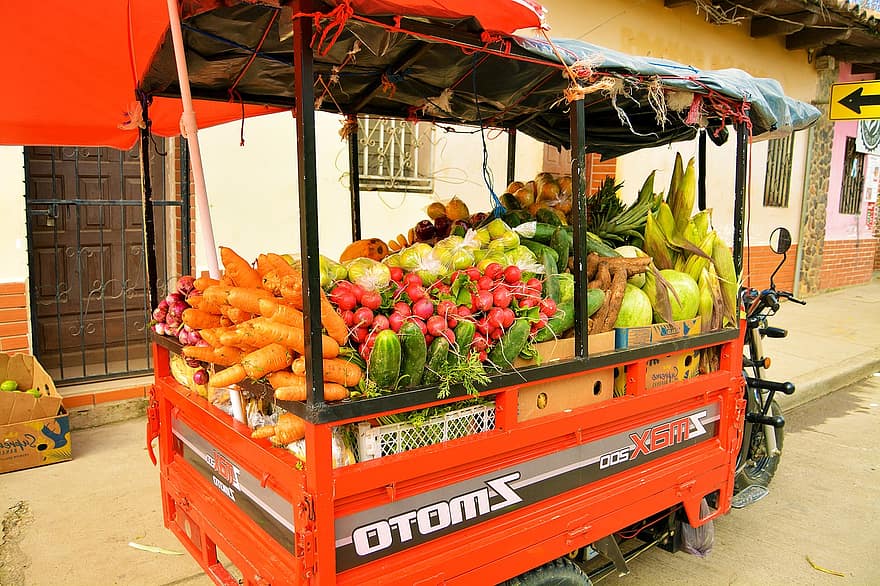 vehicul, motocicletă, fructe, piaţă, legume, alimente, sănătos, recolta, vânzare, morcov