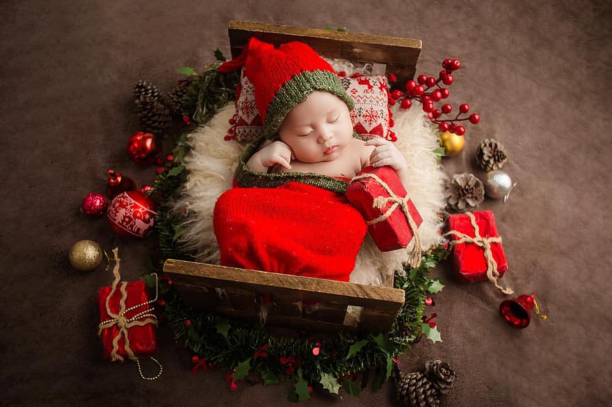 Neugeborene, Baby, Kostüm, Schlafen, Weihnachten, Hut, Kleidung, Kind, Kindheit, süß, Neugeborene Fotografie