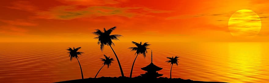 tropisch, Sonnenuntergang, Sommer-, Strand Sonnenuntergang, tropischer Strand, Sonnenuntergang am Strand, orangefarbener Strand, orange Sonnenuntergang