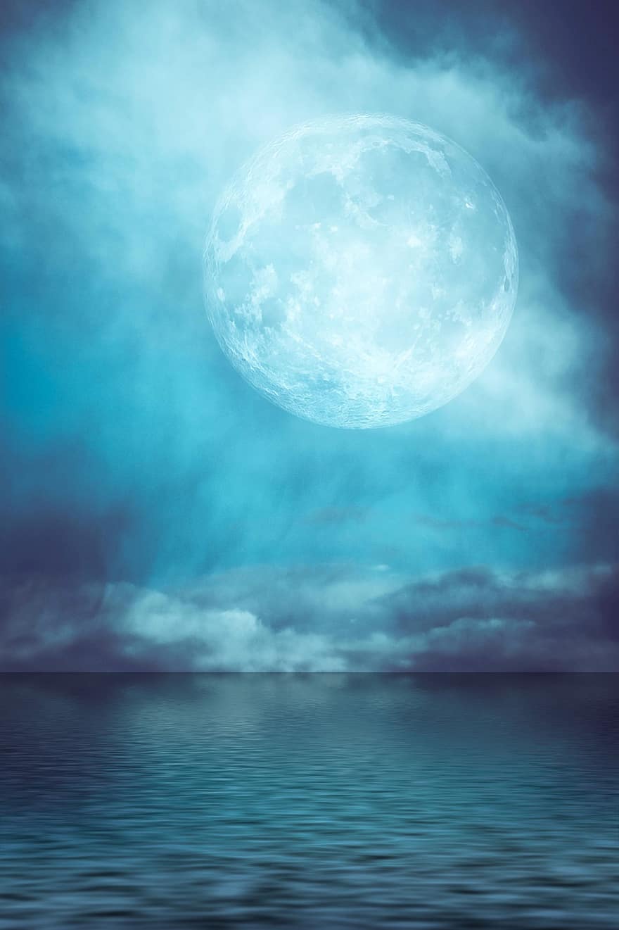 pełnia księżyca, morze, horyzont, ocean, pejzaż morski, światło księżyca, odbicie, noc, Fantazja, niebo, mistyk
