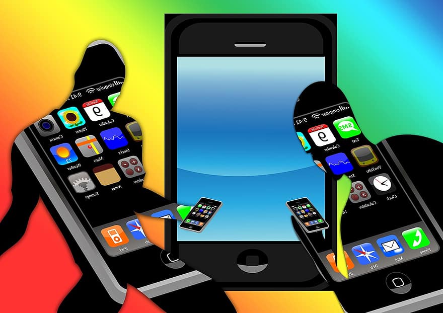 mannen, silhouetten, telefoon, communicatie, kleur, kleurrijk, smartphone, touch screen, scherm, advertentie, mobiele telefoon