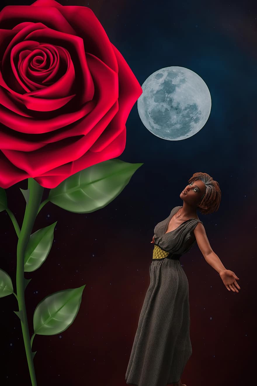 femme, Rose, lune, amour, Valentin, fleur, Rose géante, Avatar féminin, pleine lune, clair de lune, photomontage