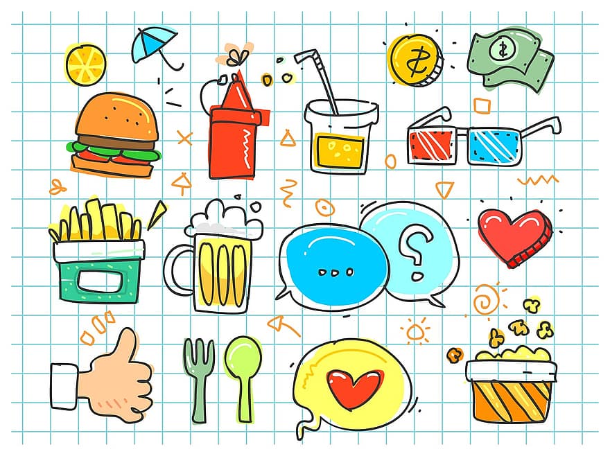 Fargerik doodle, soda, tegnefilm, sett, frites, rask, spise, usunn, pop, biff, burger