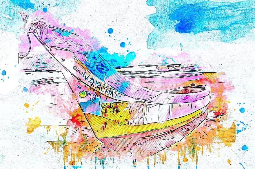Boat, Sea, Ship, Art, Abstract, Watercolor, Vintage, Animal, Fishing, Artistic, Design
