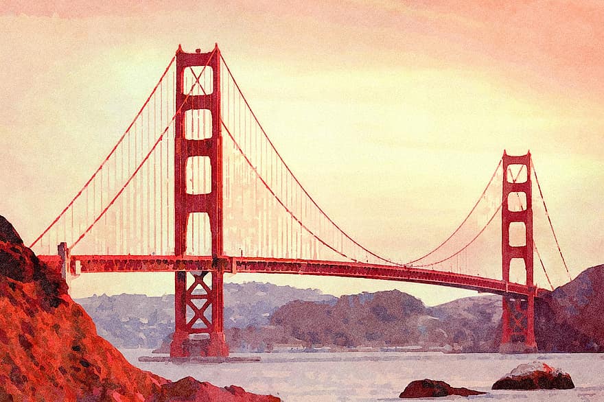 γέφυρα, Χρυσή Πύλη, ακουαρέλα, εικόνα, ζωγραφισμένο, γραφικά υπολογιστή, σύμβολο, Σαν Φρανσίσκο, Καλιφόρνια, ΗΠΑ, στολίδι