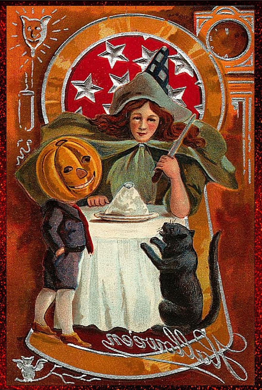 halloween, zabytkowe, czarownica, karta, szczęśliwy, wakacje, dziewczynka, zwierzę, dynia, straszny, plakat