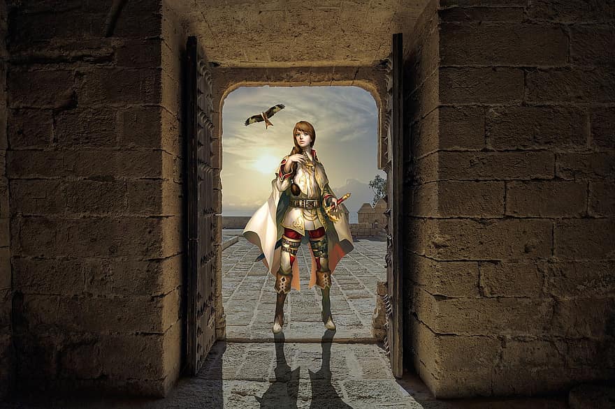 Background, Castle, Doorway, Warrior, Bird, Fantasy, Female, Digital Art