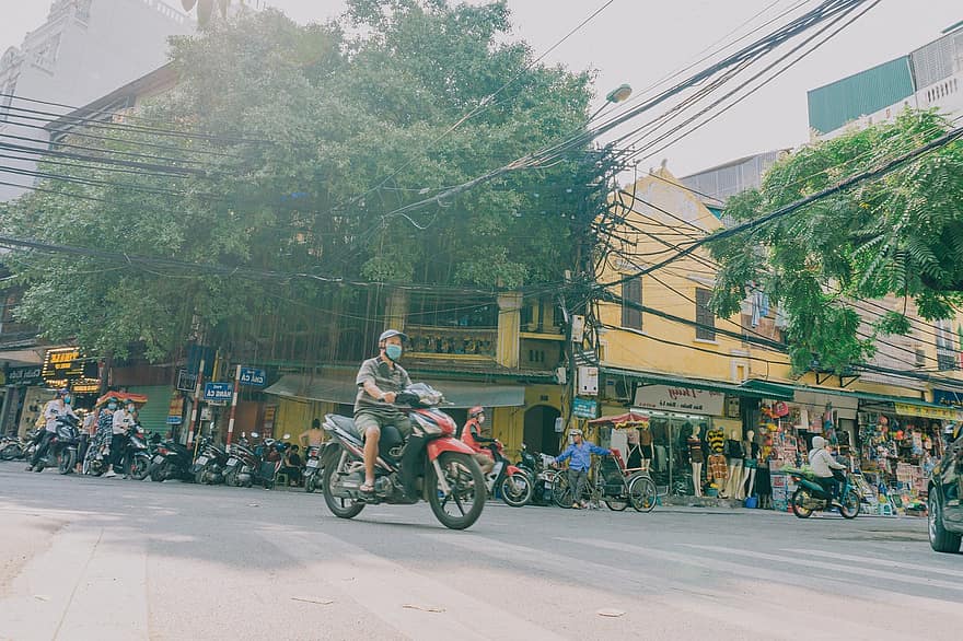 ulice, motocykl, město, Hanoi, muži, městský život, dopravy, přeprava, cestovat, provoz, redakční