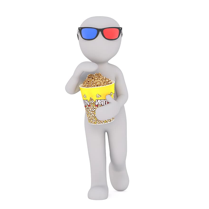 белый мужчина, 3d модель, изолированный, 3d, модель, все тело, белый, Попкорн, кино, 3d очки, фильм
