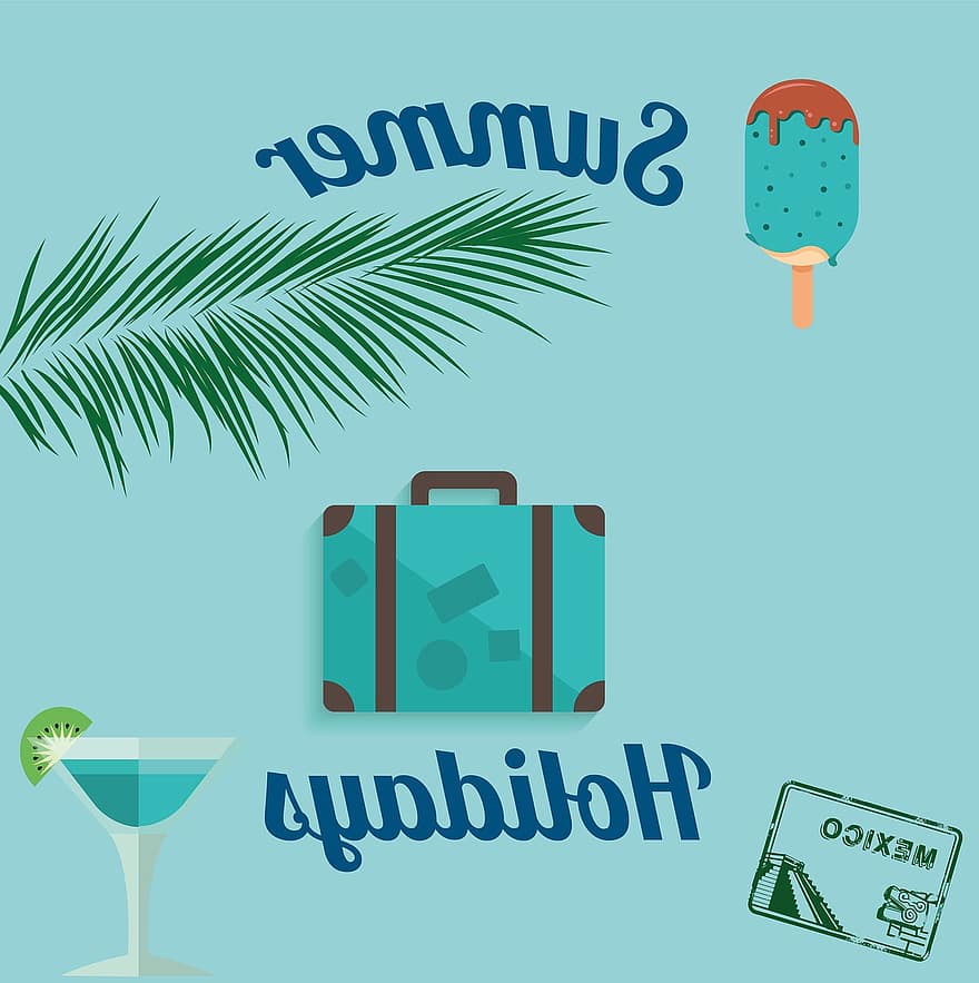 letní, pláž, moře, prázdnin, Mexiko, led, zavazadla, dlaň, koktejl, zelená