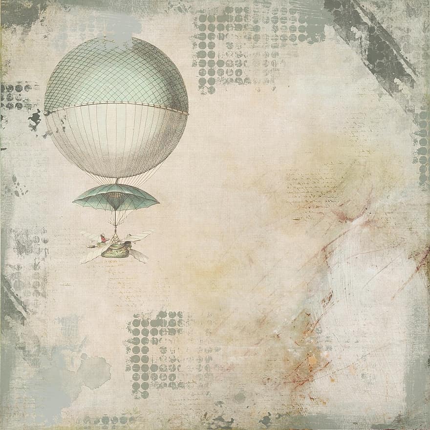baggrund, varmluftballon, kunst, papir, gammel, træ, nødstedte, antik, årgang, indrammet, stil
