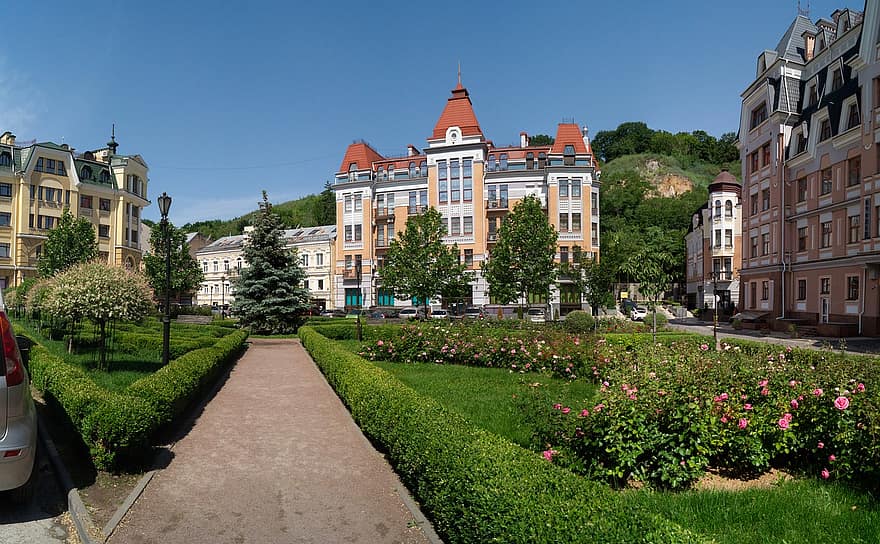 Kijów, kapitał, Ukraina, krajobraz, malownicze, architektura, w domu, turystyka, łóżko kwiatowe