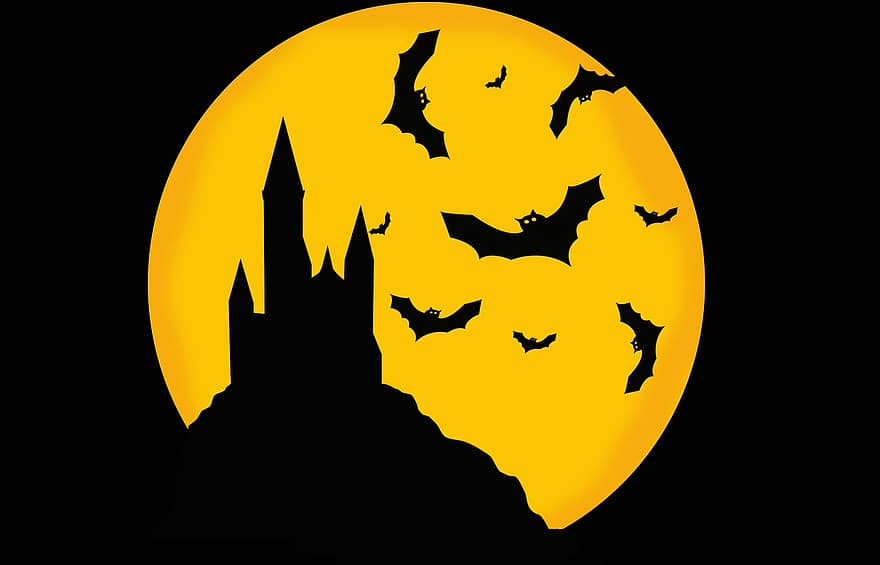 Schloss, Mondlicht, Halloween, Hintergrund, Karte, Postkarte, unheimlich, schwarz, Fledermäuse, Nacht-, schwarzer Hintergrund