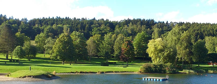 Lac, la nature, quai flottant, parc, forêt, des arbres, ponton, eau, Rurberg, Eifel