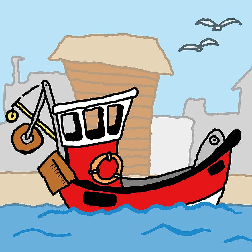 bote, pescar, enviar, agua, gaviotas, muelle, puerto