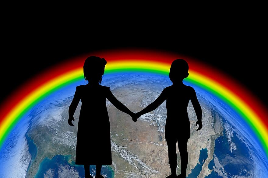 eteenpäin, maapallo, lapset, tyttö, poika, maa, sateenkaari, maailman-, ystävyys, yhdessä, ympäristö