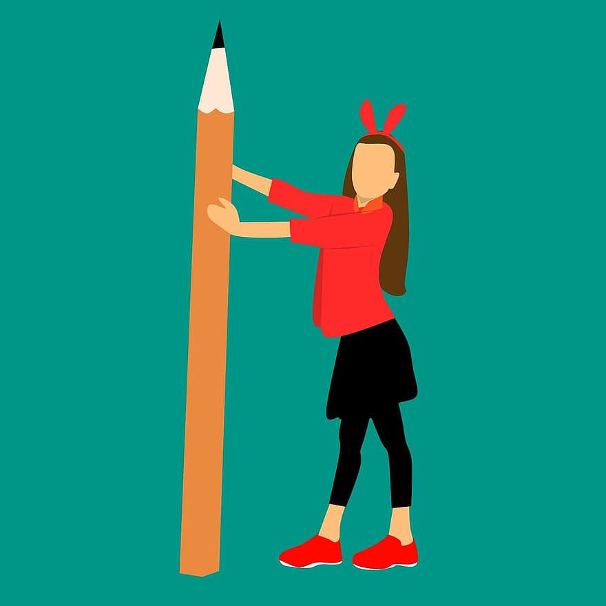 فتاة ، يحمل قلم رصاص ضخم ، جاري الكتابة ، التعليم ، مدرسة ، زى موحد ، قوقازي ، طفل ، مرحلة الطفولة ، مفهوم ، الثقة