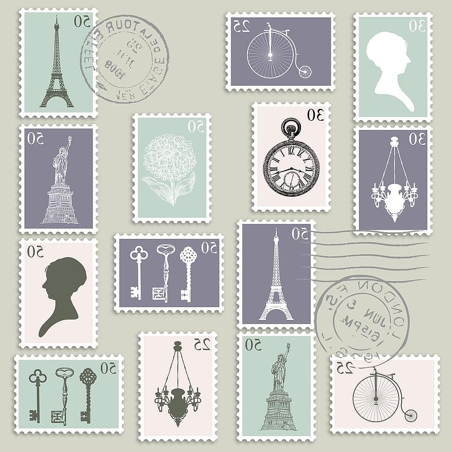 porto, frimerker, poststempel, Europa, ikoner, årgang, Kunst, scrapbooking, Eiffeltårnet, penny farthing, nøkler
