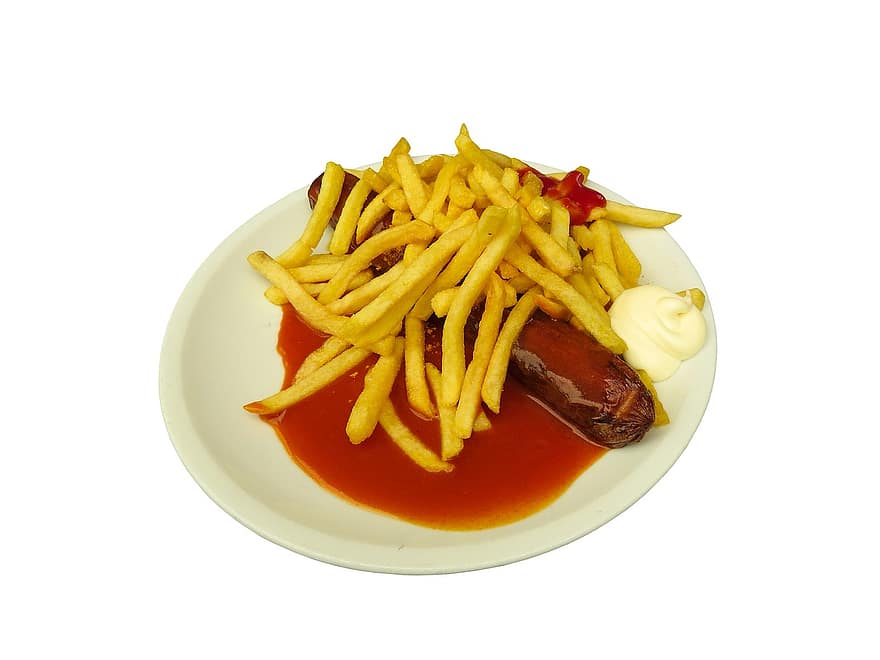 Currywurst, жареный картофель, колбаса, питание, есть, кетчуп, легкая закуска, быстрое питание, калорий