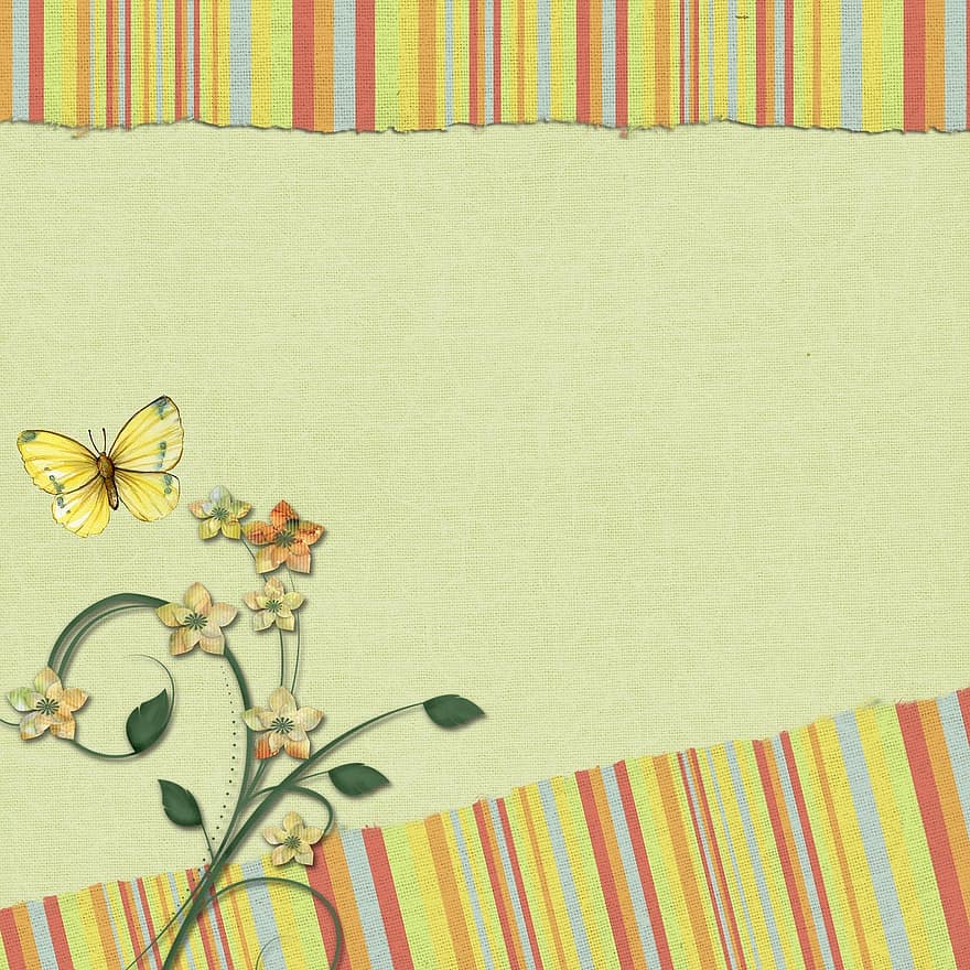 स्क्रैपबुक, पृष्ठभूमि, पृष्ठ, पीला, हरा, फूल, तितली, गुलाबी, सफेद, कागज़, उज्ज्वल