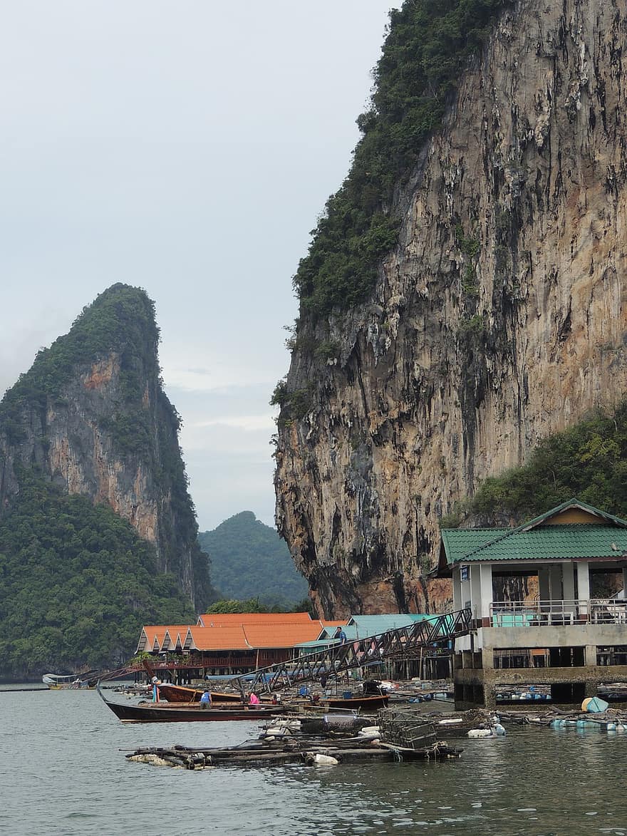 Thailand, Sea, Fisherman, Cliff, Boat, Ocean, nautical vessel, mountain, water, travel, landscape