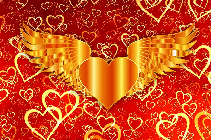 сърце, светлина, курс, обичам, Свети Валентин, романтика, романтичен, златист, заден план, украшение, крило