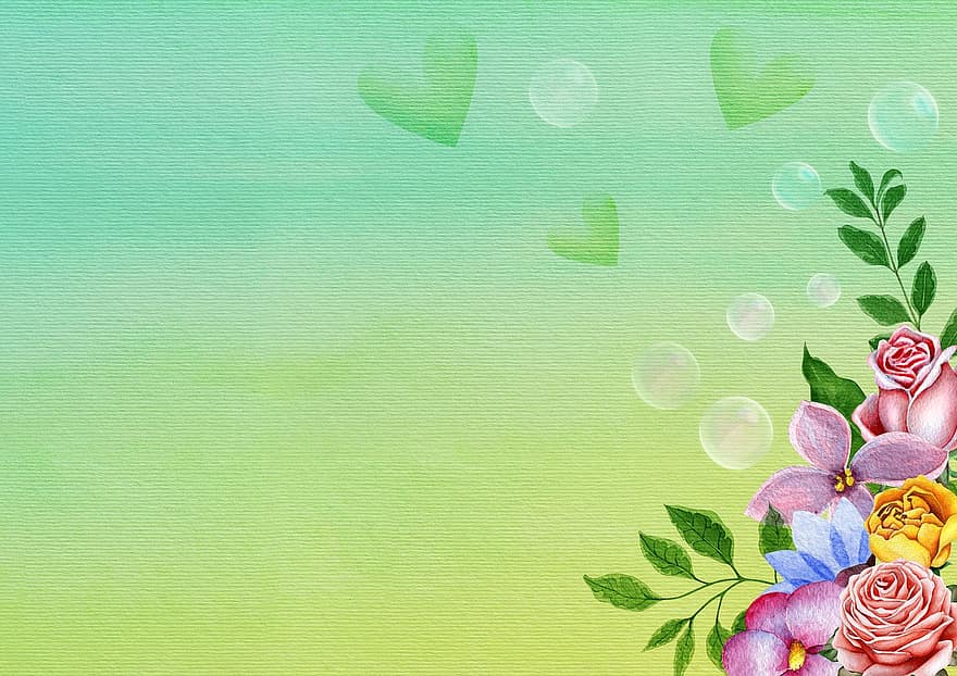 квіти, мильні бульбашки, серце, фонове зображення, листя, колір, троянди, Вінтаж, акварель, барвисті, весна