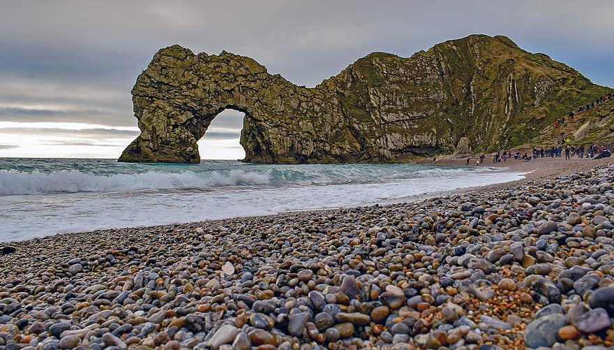 Durdle Door, Beach, Coast, Dorset, Jurassic Coast, Arch, Pebbles, Rocks, Sea, Ocean, Wave