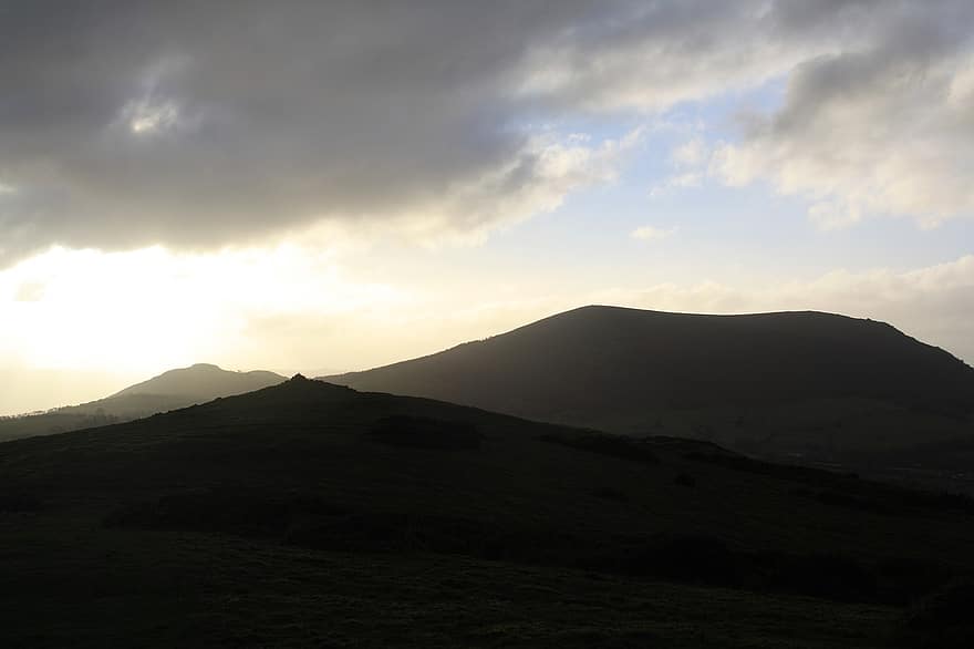 muntanya, turó, rural, Shropshire, silueta, camp, Cairn, Stapeley Hill, paisatge, posta de sol, estiu