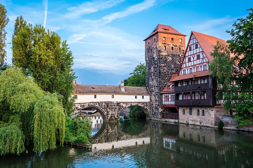 edifici amb fusta emmarcada, riu, pont, cruïlla, edifici, façana, Nuremberg, truss, arquitectura, fachwerkhaus, centre històric