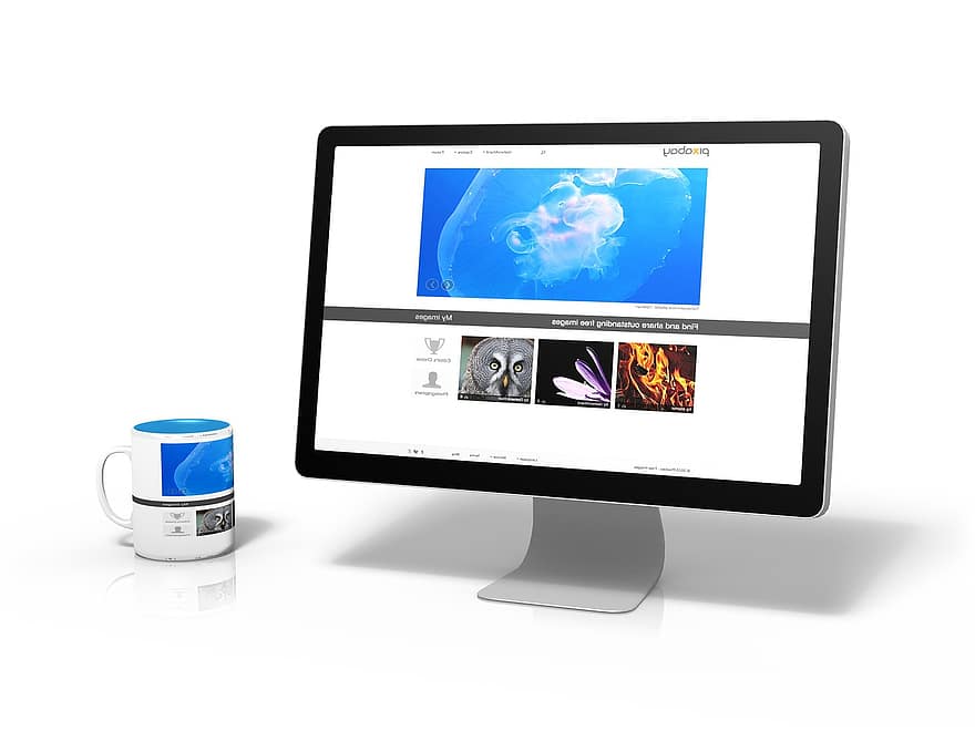 PC, calculator, imagini, pagina de internet, pixabay, ceașcă, masa, oglindire, Internet