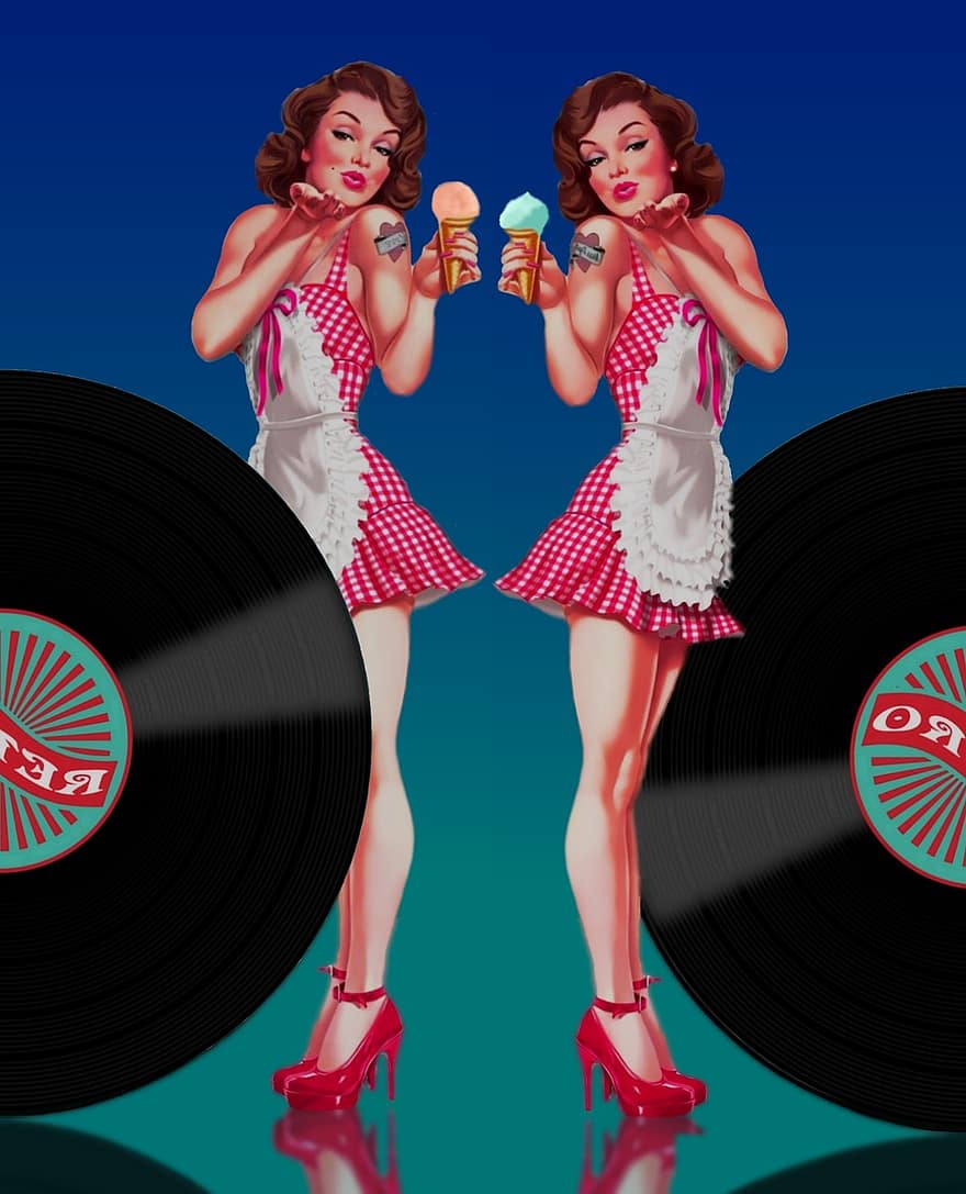 pin-up, pin up pige, tvilling, Jukebox musik, år 50, år 60, mode, stil, retro, symmetri, vinyl plade