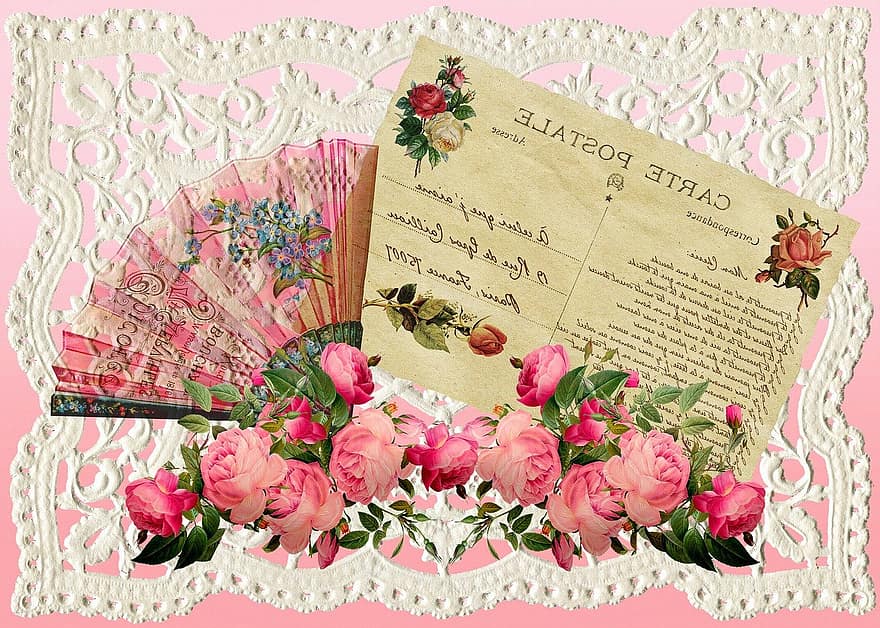 Vintage ystävänpäivä, paperi retro, postikortti, carte postale, tuuletin, ruusut, pitsi, Ranskan kieli, mielitietty, retro, vuosikerta