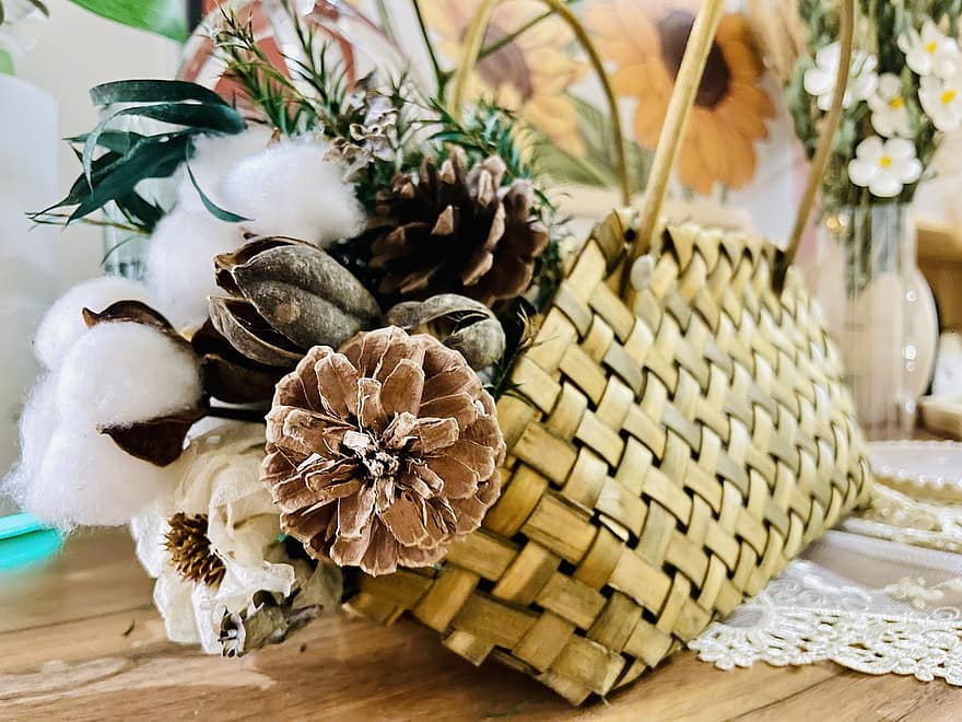 Pine Cones, Cotton Pods, Bouquet, Basket Of Flowers