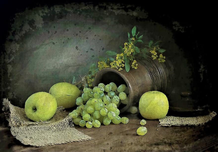 Fruits, Grapes, Green, Vase, Table, Indoor, Digital, Art, Work, Photo, Manipulation