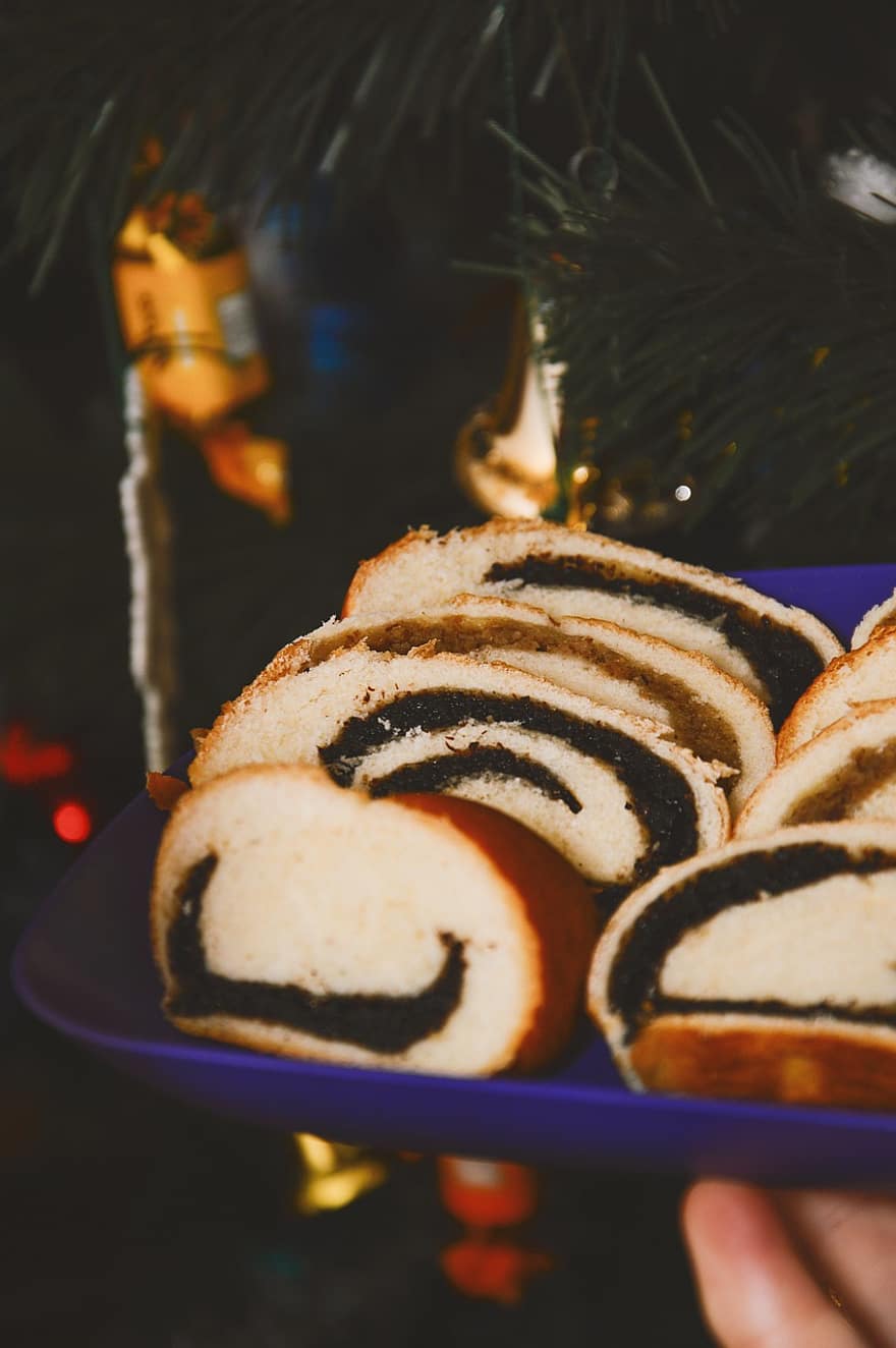 Valmuefrørull, jul, brød, kake, dessert, matbit, bakt, desember, mat, hjemmelaget, rull