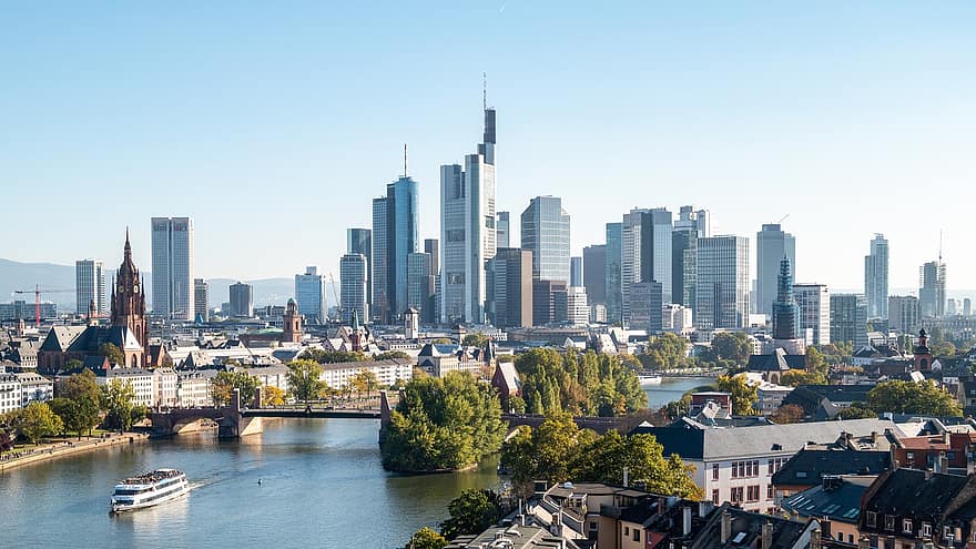 thành phố, du lịch, thành thị, đường chân trời, Frankfurt, nước Đức, cảnh quan thành phố, những tòa nhà chọc trời, công ty, ngành kiến ​​trúc, con sông