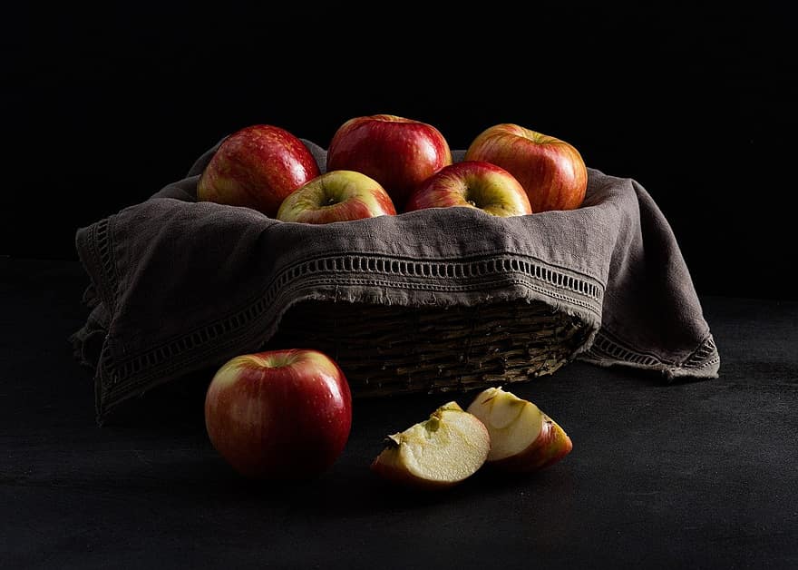 सेब, टोकरी, स्थिर जीवन, फल, लाल सेब, टुकड़ा, कटे हुए फल, ताज़ा, स्वस्थ, स्वादिष्ट, कार्बनिक