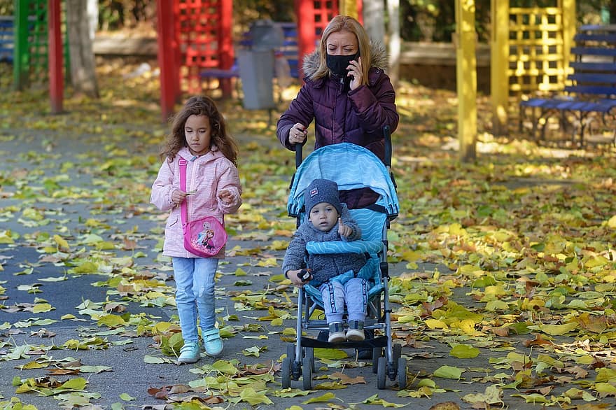 Woman, Young, Mother, Children, Baby, Stroller, Walking, Alley, Autumn, Fallen Leaves, Talking Phone